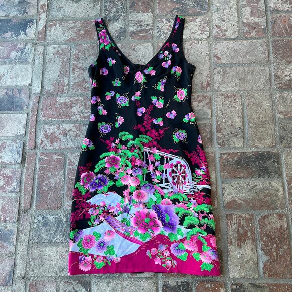 Vintage Nanette Lepore 100% Silk Dress Black 90s Floral Mill Sleeveless Size 4 - Picture 1 of 4